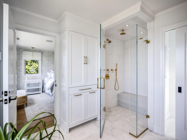 bathroom with a stall shower, ensuite bath, crown molding, and wallpapered walls