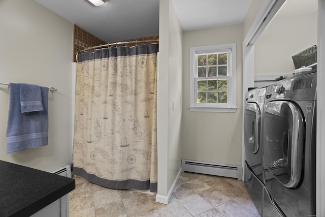 3 Spencer Ct, Clinton, CT 06413 - full bath with baseboard heating, separate washer and dryer, a shower with shower curtain, vanity, and baseboards