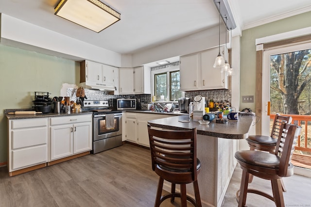 kitchen featuring stainless steel appliances, dark countertops, backsplash, a peninsula, and under cabinet range hood