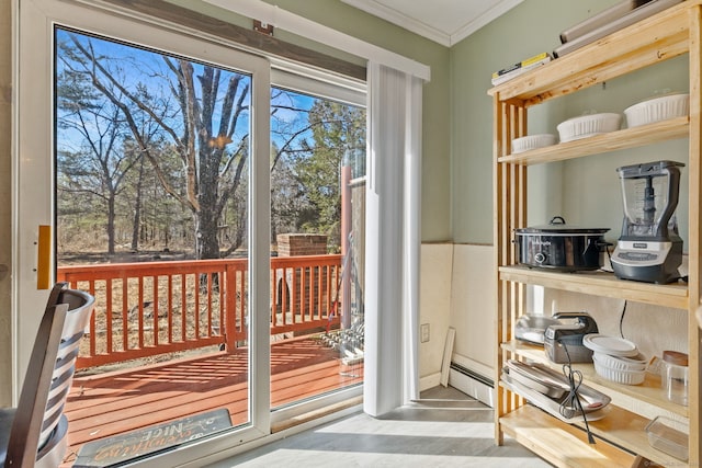 doorway to outside with crown molding