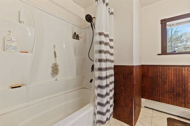 full bathroom featuring shower / bath combination with curtain, wainscoting, and baseboard heating