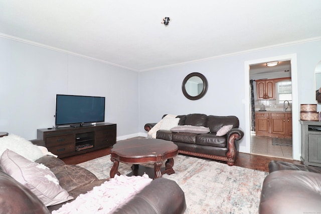 living area featuring crown molding and wood finished floors