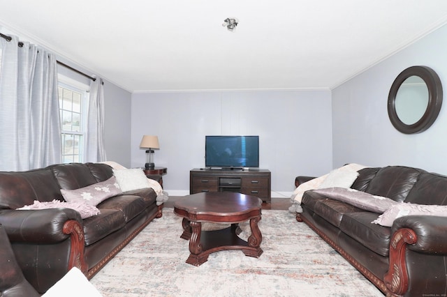 living room with ornamental molding