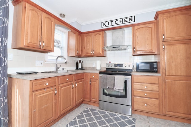 kitchen with stainless steel electric range, a sink, light countertops, black microwave, and wall chimney exhaust hood