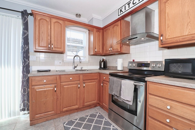 kitchen featuring stainless steel electric range oven, ornamental molding, a sink, wall chimney exhaust hood, and tasteful backsplash