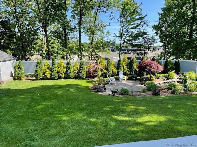 view of yard with a patio and fence