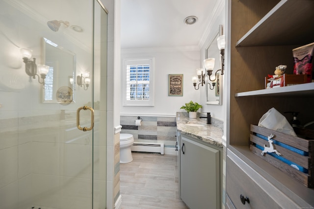 full bathroom with toilet, a stall shower, ornamental molding, tile walls, and a baseboard radiator