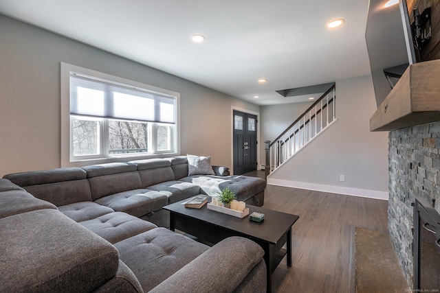 34 Indian Hill Rd, New Fairfield, CT 06812 - living area featuring baseboards, stairs, recessed lighting, a fireplace, and dark wood-style floors