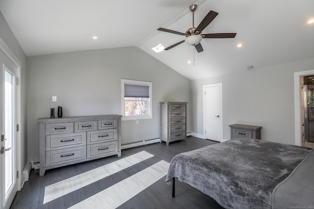 34 Indian Hill Rd, New Fairfield, CT 06812 - bedroom featuring dark wood-style floors, ceiling fan, a baseboard heating unit, and lofted ceiling
