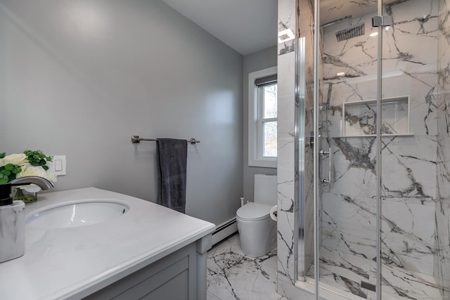 34 Indian Hill Rd, New Fairfield, CT 06812 - bathroom featuring a marble finish shower, marble finish floor, toilet, and a baseboard radiator