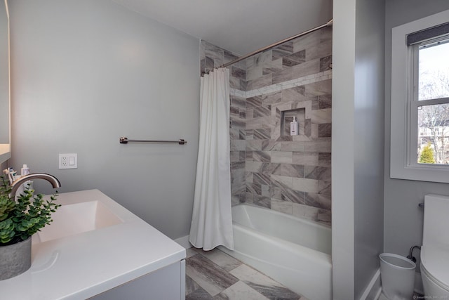 34 Indian Hill Rd, New Fairfield, CT 06812 - full bath featuring a healthy amount of sunlight, vanity, marble finish floor, and shower / bathtub combination with curtain