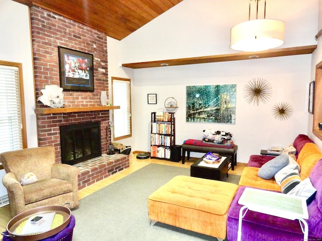 living room featuring high vaulted ceiling, a fireplace, and wood ceiling