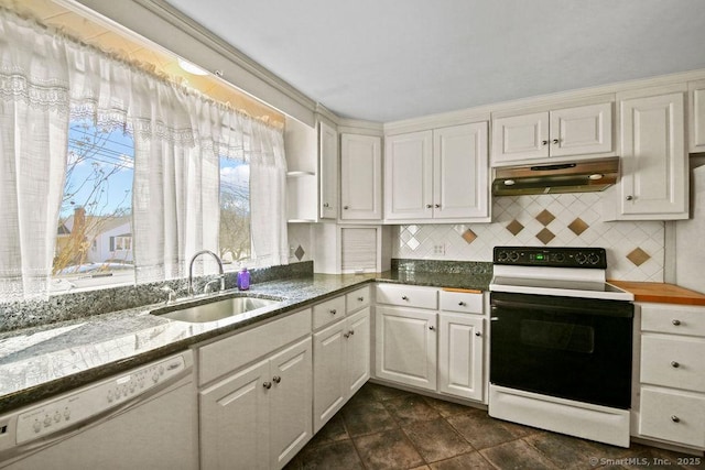 kitchen with under cabinet range hood, a sink, electric stove, dishwasher, and tasteful backsplash