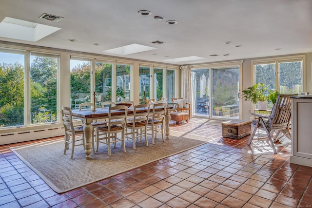 sunroom with a skylight, visible vents, and a baseboard radiator