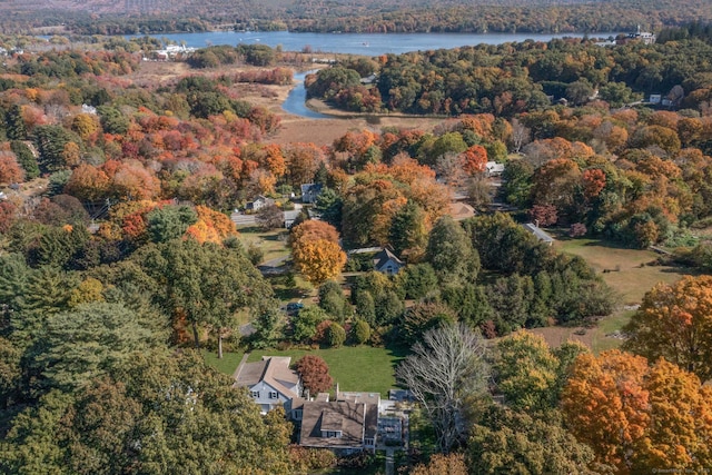 birds eye view of property featuring a water view and a forest view