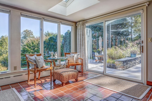 sunroom / solarium featuring a baseboard heating unit and a skylight