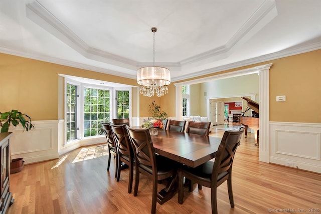 dining space with a healthy amount of sunlight, a wainscoted wall, light wood-type flooring, and a tray ceiling