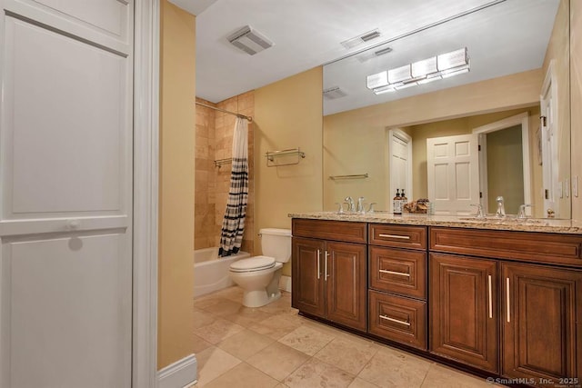 bathroom with double vanity, visible vents, toilet, shower / tub combo with curtain, and a sink