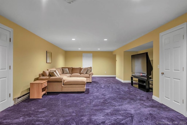 living room with dark colored carpet, recessed lighting, baseboards, and a baseboard radiator