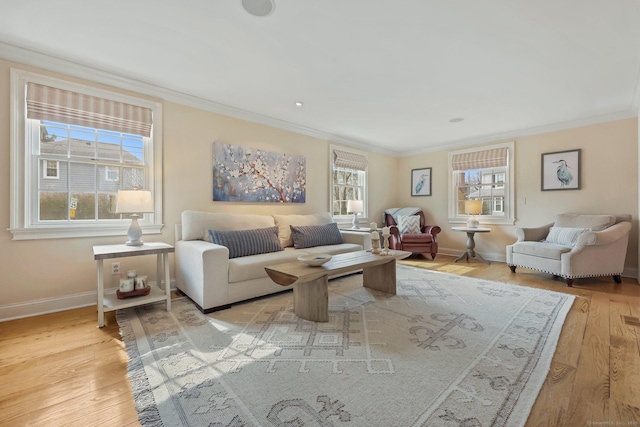 living room with baseboards, wood finished floors, and crown molding