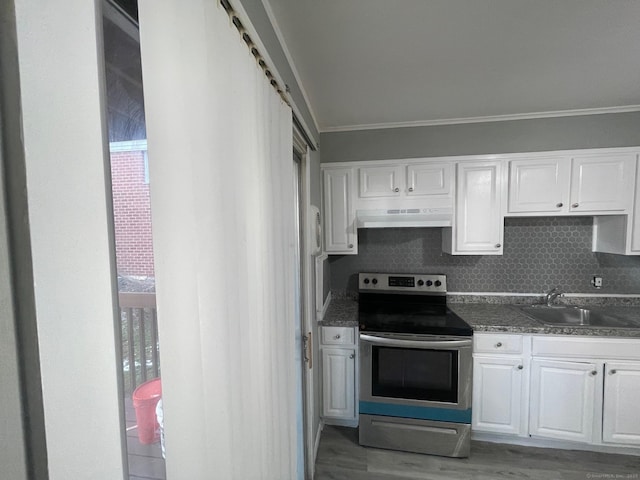 kitchen with a sink, white cabinetry, tasteful backsplash, dark countertops, and stainless steel range with electric stovetop