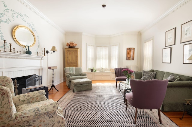 living area with baseboards, radiator, wood finished floors, crown molding, and a fireplace