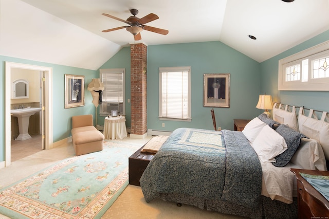 bedroom featuring a baseboard radiator, multiple windows, vaulted ceiling, and carpet flooring