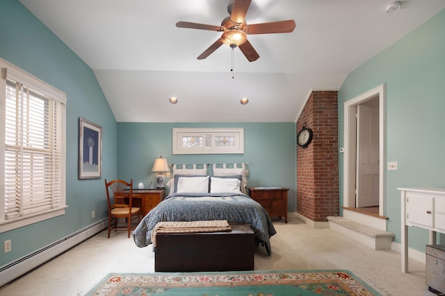 carpeted bedroom with vaulted ceiling, baseboards, baseboard heating, and a ceiling fan