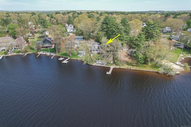 bird's eye view with a water view and a view of trees