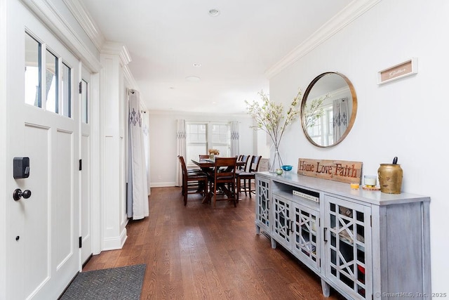 hall with dark wood finished floors, a healthy amount of sunlight, and crown molding