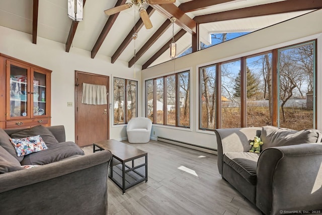 living room featuring vaulted ceiling with beams, ceiling fan, a baseboard radiator, and light wood-style flooring