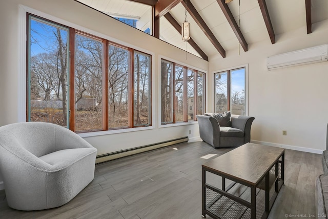 interior space with vaulted ceiling with beams, a baseboard radiator, wood finished floors, and a wall mounted AC