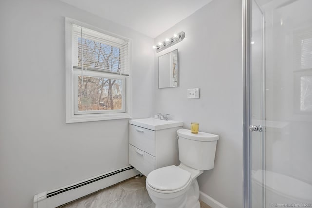 full bathroom featuring a baseboard radiator, toilet, vanity, baseboards, and an enclosed shower