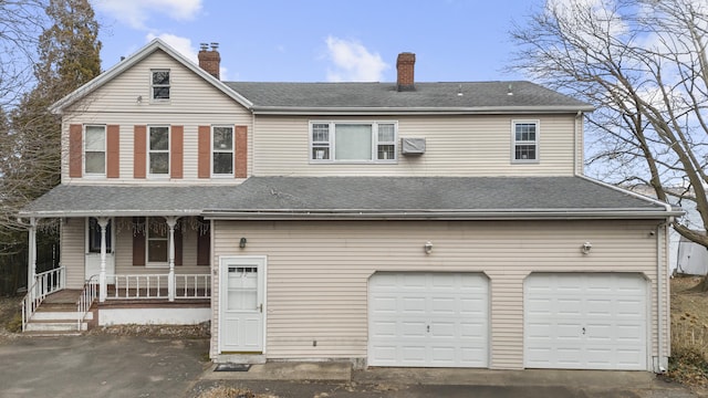 traditional-style home featuring covered porch, aphalt driveway, and roof with shingles