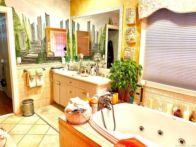 bathroom featuring a jetted tub and tile patterned flooring