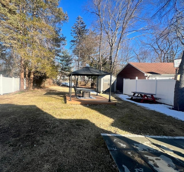 view of yard with a storage shed, an outdoor structure, and a fenced backyard