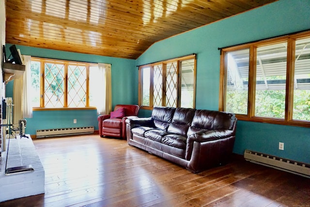 living room featuring lofted ceiling, a baseboard radiator, wooden ceiling, hardwood / wood-style flooring, and baseboard heating