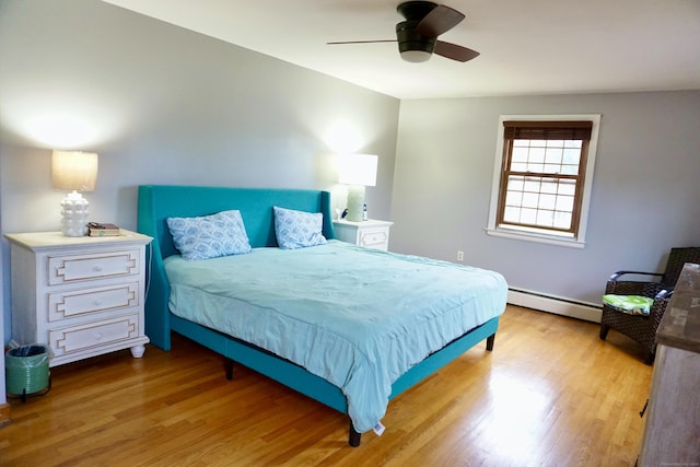 bedroom with ceiling fan, light wood-type flooring, and a baseboard radiator