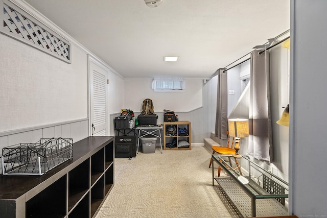 office with a wainscoted wall and carpet