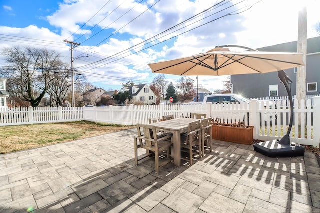 view of patio featuring a fenced backyard and outdoor dining space