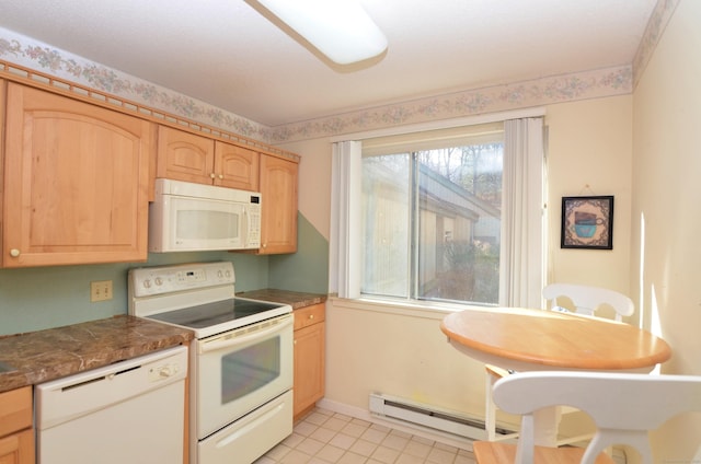 kitchen with light brown cabinets, white appliances, light tile patterned floors, a baseboard radiator, and baseboards