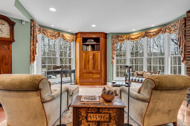 living room with recessed lighting