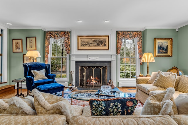 living area featuring a healthy amount of sunlight, wood finished floors, a warm lit fireplace, and a baseboard radiator