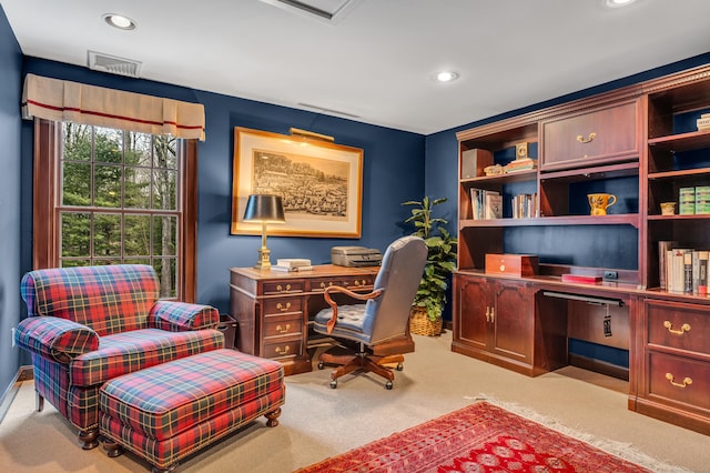 carpeted office with recessed lighting and visible vents