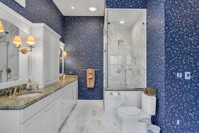 full bath featuring toilet, marble finish floor, a sink, a marble finish shower, and wallpapered walls