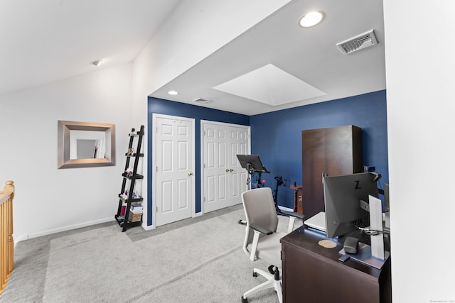 office with recessed lighting, visible vents, vaulted ceiling, and carpet flooring