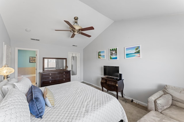 bedroom with carpet floors, lofted ceiling, visible vents, and baseboards