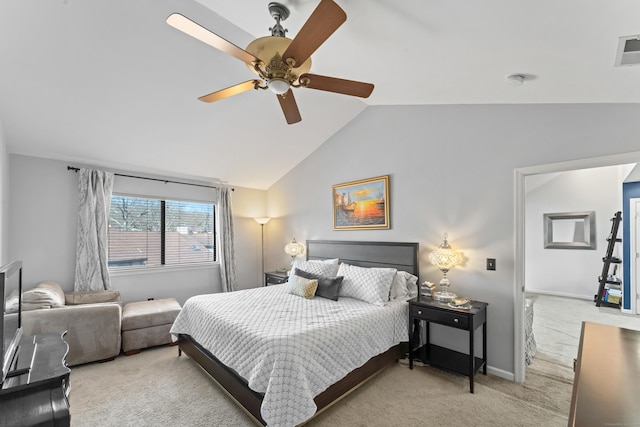 carpeted bedroom featuring vaulted ceiling, visible vents, a ceiling fan, and baseboards