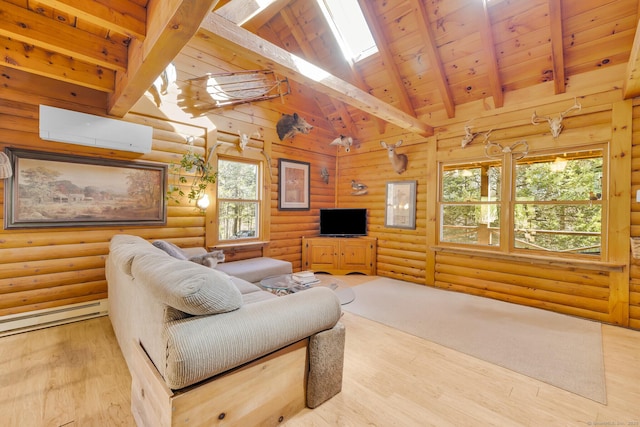 living room featuring a wall unit AC, baseboard heating, vaulted ceiling with skylight, wood finished floors, and rustic walls