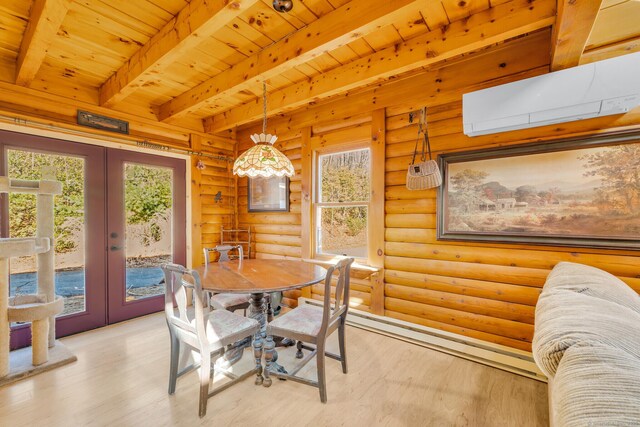 dining area with a wall unit AC, wood finished floors, french doors, wooden ceiling, and beamed ceiling